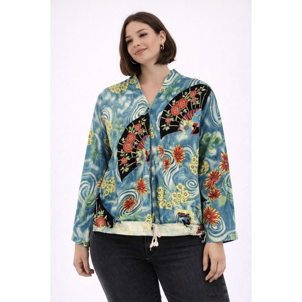 Tianello Button Down Jacket Womens XS Blue‎ Floral Fan Print Art to Wear Artsy